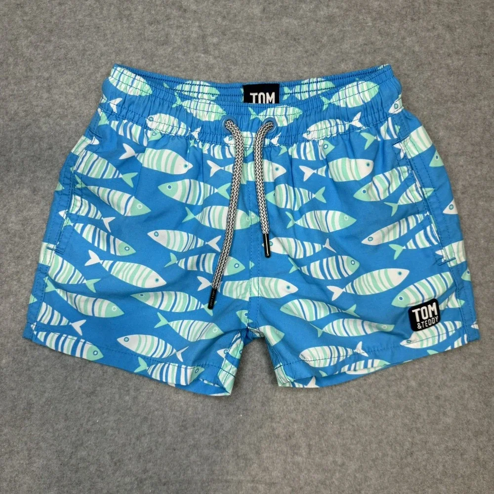 Tom & Teddy Boys TODDLER 1/2 Swim Board Shorts Trunks Sardines Fish Mesh Lined